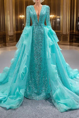 Blue Sequins Long Sleeve Pearls Evening Prom Dresses With Detachable Train