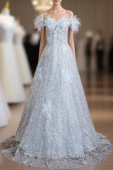 Blue Sequins Off the Shoulder 3D Flower Evening Prom Dresses