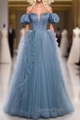 Blue Sequins Tulle Off the Shoulder Evening Prom Dresses