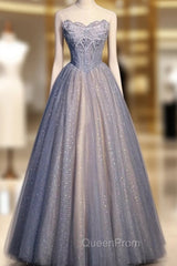 Blue Sequins Tulle Strapless Beading Evening Prom Dresses