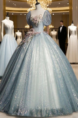 Blue Shiny Tulle Long Evening Prom Dresses with Sequins, A-Line Short Sleeve Party Dresses