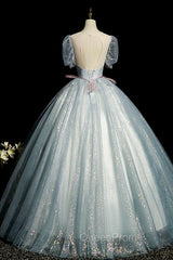 Blue Shiny Tulle Long Evening Prom Dresses with Sequins, A-Line Short Sleeve Party Dresses