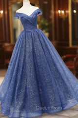 Blue Shiny Tulle Off the Shoulder Evening Prom Dresses, Blue V-Neck Evening Dresses