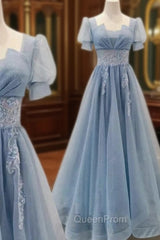 Blue Shiny Tulle Short Sleeves Long Evening Dresses, Blue A-line Evening Prom Dresses