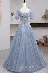 Blue Short Sleeve Tulle Floor Length Evening Prom Dresses with Beaded, Blue A-Line Evening Dresses
