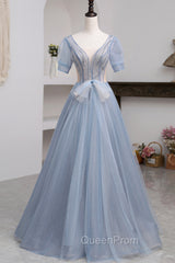 Blue Short Sleeve Tulle Floor Length Evening Prom Dresses with Beaded, Blue A-Line Evening Dresses