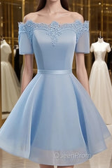 Blue Short Sleeves Lace-up Organza Bow Evening Prom Dresses, Homecoming Dresses