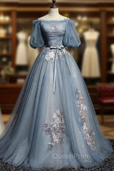 Blue Short Sleeves Long Tulle with Flower Applique Party Dresses, Blue Sweet 16 Dresses