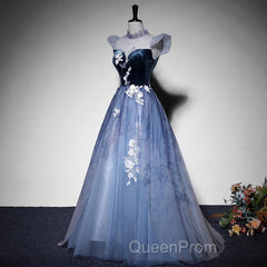 Blue Short Sleeves Tulle With Lace Long Party Dresses, Blue Formal Gowns