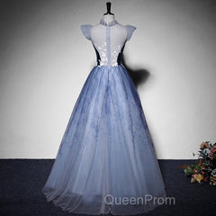 Blue Short Sleeves Tulle With Lace Long Party Dresses, Blue Formal Gowns