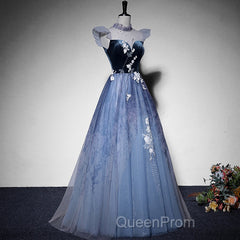 Blue Short Sleeves Tulle With Lace Long Party Dresses, Blue Formal Gowns