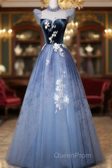 Blue Short Sleeves Tulle With Lace Long Party Dresses, Blue Formal Gowns