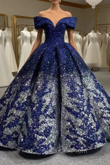 Blue Silver Ball Gown Sequins Appliques Evening Prom Dresses