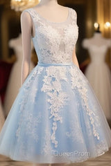 Blue Simple Tulle Homecoming Dresses Lace Applique, Baby Blue Sash Backless A Line Knee Length Formal Dresses