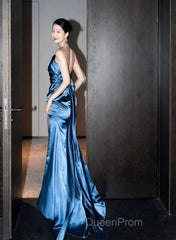 Blue Soft Satin Long Evening Prom Dresses With Leg Slit, Blue Evening Dresses Formal Dresses