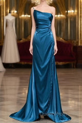 Blue Soft Satin Long Evening Prom Dresses With Leg Slit, Blue Evening Dresses Formal Dresses