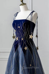Blue Spaghetti Strap Long Evening Prom Dresses with Star, Blue Evening Party Dresses
