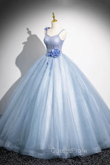 Blue Spaghetti Strap Tulle Floor Length Evening Prom Dresses, Pretty A-Line Evening Party Dresses
