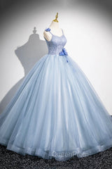 Blue Spaghetti Strap Tulle Floor Length Evening Prom Dresses, Pretty A-Line Evening Party Dresses