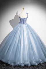 Blue Spaghetti Strap Tulle Floor Length Evening Prom Dresses, Pretty A-Line Evening Party Dresses