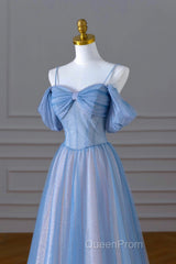 Blue Spaghetti Strap Tulle Long Evening Prom Dresses, Beautiful A-Line Evening Dresses