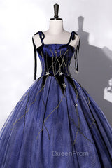Blue Spaghetti Strap Tulle Long Evening Prom Dresses with Star, Blue Evening Party Dresses