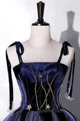 Blue Spaghetti Strap Tulle Long Evening Prom Dresses with Star, Blue Evening Party Dresses