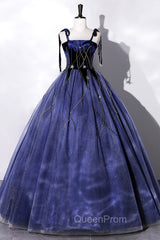 Blue Spaghetti Strap Tulle Long Evening Prom Dresses with Star, Blue Evening Party Dresses