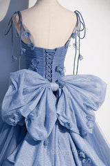 Blue Spaghetti Strap Tulle with Flowers Long Evening Dresses, Blue Party Dresses with Bow