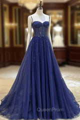 Blue Spaghetti Straps Tulle Beading Evening Prom Dresses