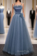 Blue Spaghetti Straps Tulle Sequins Beading Evening Prom Dresses