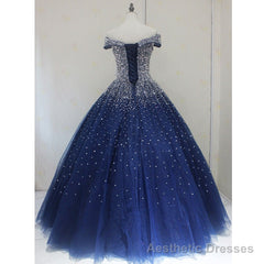 Blue Sparkle Off Shoulder Ball Party Dress , Handmade Beaded Party Dress