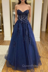 Blue Strapless Lace Long Evening Prom Dresses, A-Line Evening Dresses Party Dresses