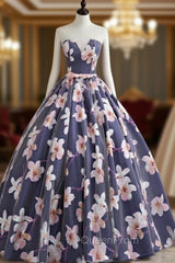 Blue Strapless Print Quinceanera Dresses