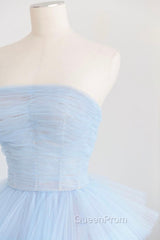 Blue Strapless Tulle Layers Long Evening Prom Dresses, A-Line Evening Dresses