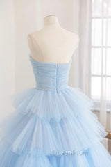 Blue Strapless Tulle Layers Long Evening Prom Dresses, A-Line Evening Dresses