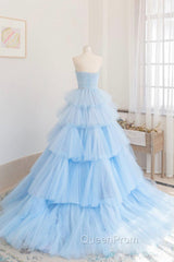 Blue Strapless Tulle Layers Long Evening Prom Dresses, A-Line Evening Dresses