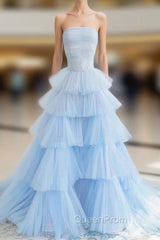 Blue Strapless Tulle Layers Long Evening Prom Dresses, A-Line Evening Dresses