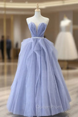 Blue Strapless Tulle Long Evening Prom Dresses, Lovely Sweetheart Neckline Evening Dresses