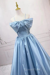 Blue Sweet A-Line Spaghetti Strap Satin Long Evening Prom Dresses Evening Party Dresses