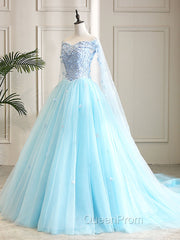 Blue Sweetheart Neck Tulle Lace Long Evening Prom Dresses, Blue Evening Dresses