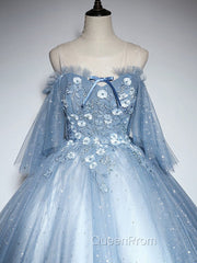 Blue Sweetheart Neck Tulle Lace Long Evening Prom Dresses, Blue Evening Dresses