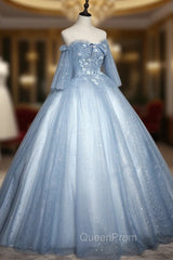 Blue Sweetheart Neck Tulle Lace Long Evening Prom Dresses, Blue Evening Dresses
