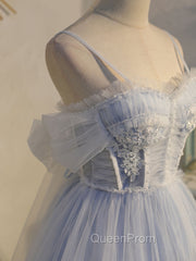 Blue sweetheart neck tulle lace short Evening Prom Dresses blue puffy homecoming Dresses