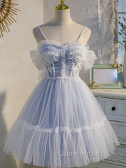 Blue sweetheart neck tulle lace short Evening Prom Dresses blue puffy homecoming Dresses