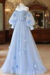 Blue Sweetheart Tulle 3D Flower Long Evening Prom Dresses, Blue Evening Dresses