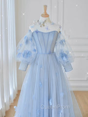 Blue Sweetheart Tulle 3D Flower Long Evening Prom Dresses, Blue Evening Dresses