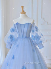 Blue Sweetheart Tulle 3D Flower Long Evening Prom Dresses, Blue Evening Dresses