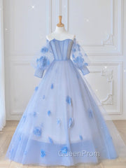 Blue Sweetheart Tulle 3D Flower Long Evening Prom Dresses, Blue Evening Dresses