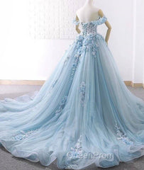Blue Sweetheart Tulle Lace Long Evening Prom Dresses, Blue Wedding Dresses